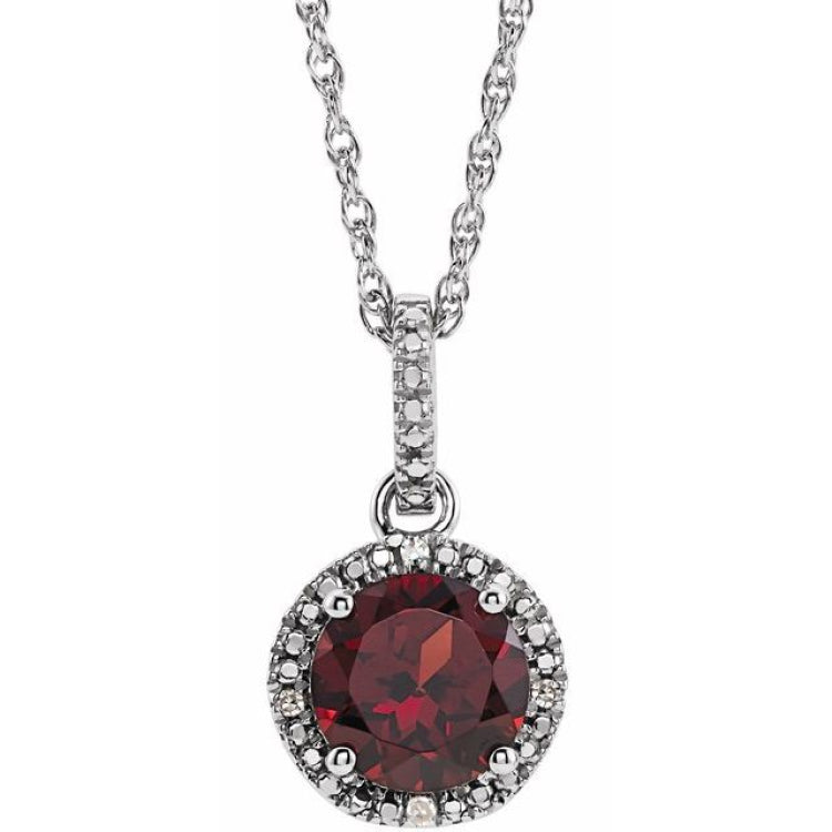 Sterling Silver Natural Mozambique Garnet and .01 CTW Natural Diamond 18" Necklace
