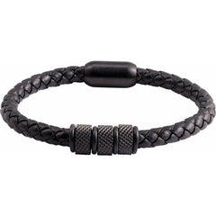 Black PVD Stainless Steel 6 mm Braided Leather 8" Bracelet