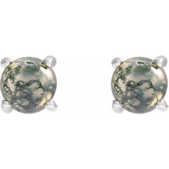 14K White Gold Natural Moss Agate Cabochon Earrings