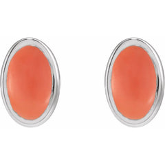 Sterling Silver Natural Pink Coral Cabochon Earrings