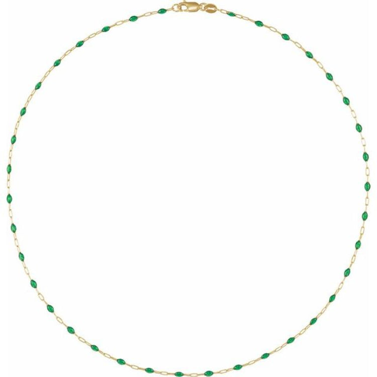 14K Yellow Gold-Filled 1.6 mm Green Enamel Bead Paperclip-Style 18" Chain