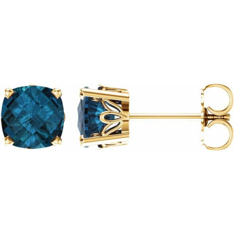 14K Yellow Gold Natural London Blue Topaz Scroll Setting® Earrings