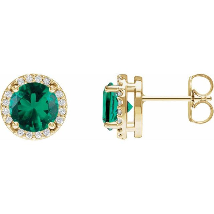 14K Yellow Gold Lab-Grown Emerald & .05 CTW Natural Diamond Halo-Style Earrings