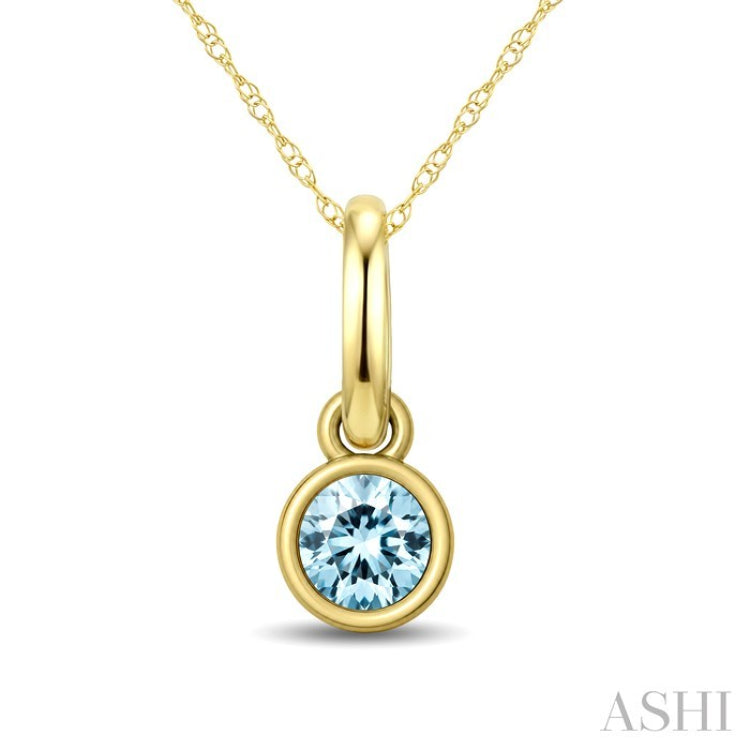 3X3 MM Round Shape Aquamarine Bezel Set Semi-Precious Solitaire Pendant With Chain in 10K Yellow Gold
