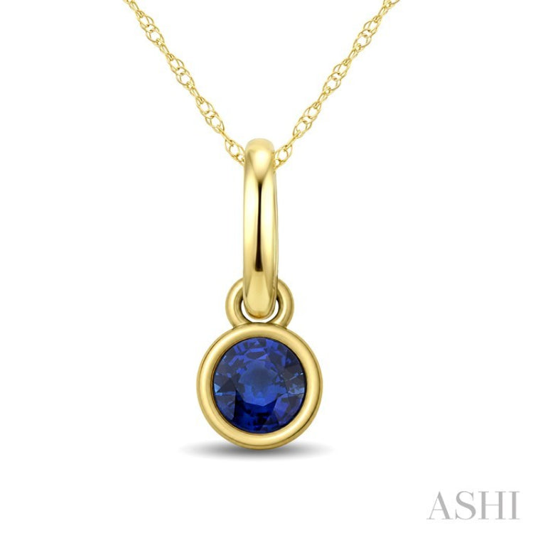 3X3 MM Round Shape Sapphire Bezel Set Precious Solitaire Pendant With Chain in 10K Yellow Gold
