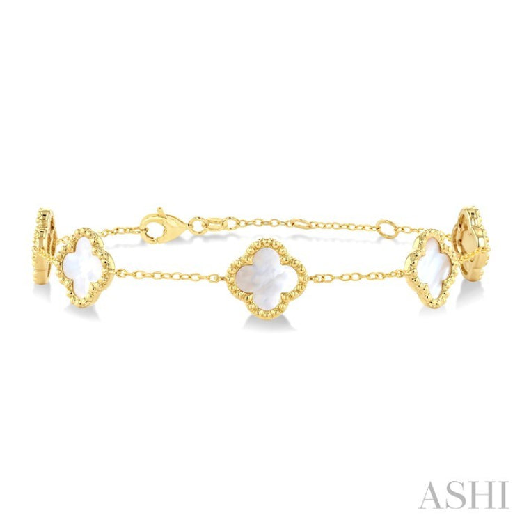 8 MM Mother of Pearl Bead Clover Halo Station Bracelet in 14K Yellow Gold