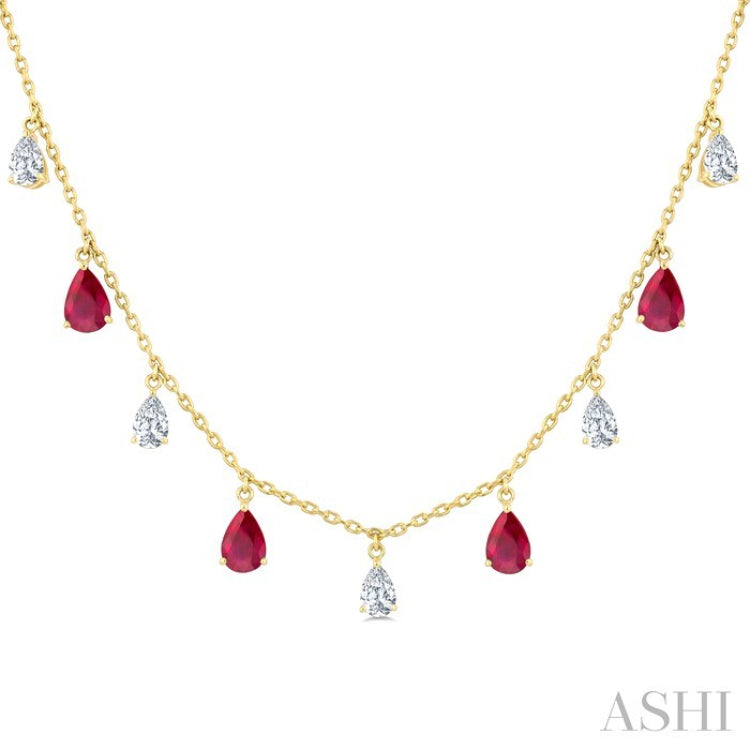 6X4 MM Pear Shape Ruby and 1 Ctw Pear Cut Diamond Precious Station Necklace in 14K Yellow Gold