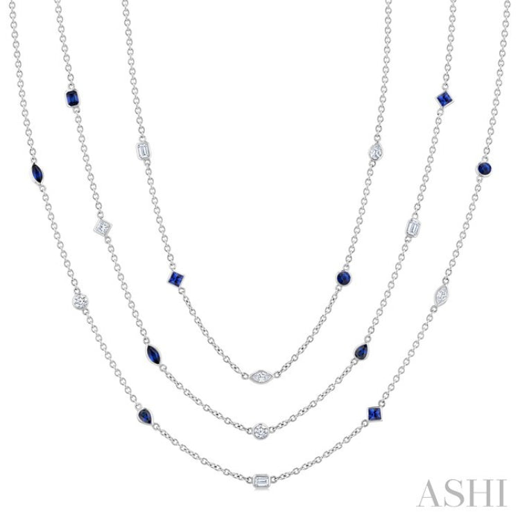 Mixed Shape Sapphire and 2 1/2 Ctw Round Cut Diamond Precious Necklace in 14K White Gold