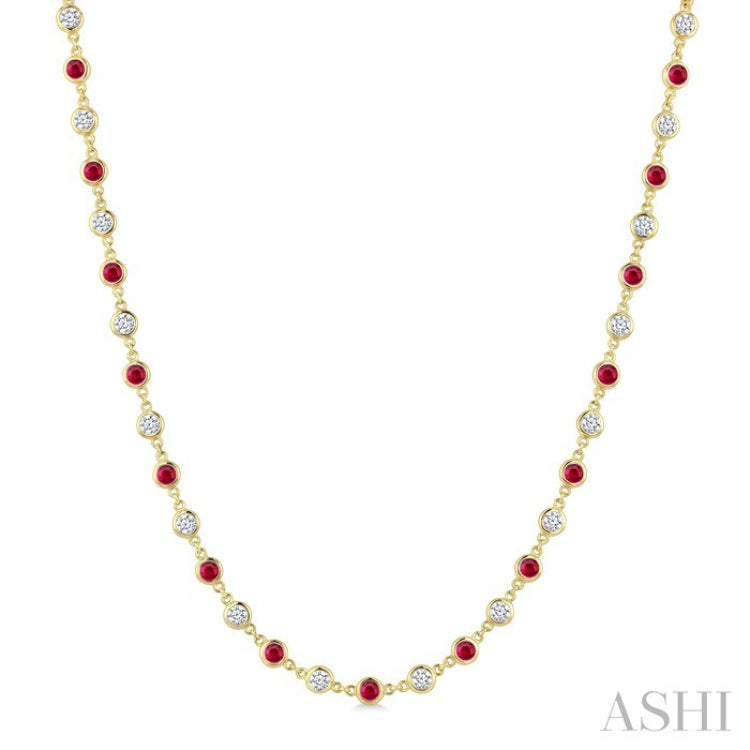 2.85 MM Round Shape Ruby and 2 5/8 Ctw Bezel Set Round Cut Diamond Precious Station Necklace in 14K Yellow Gold