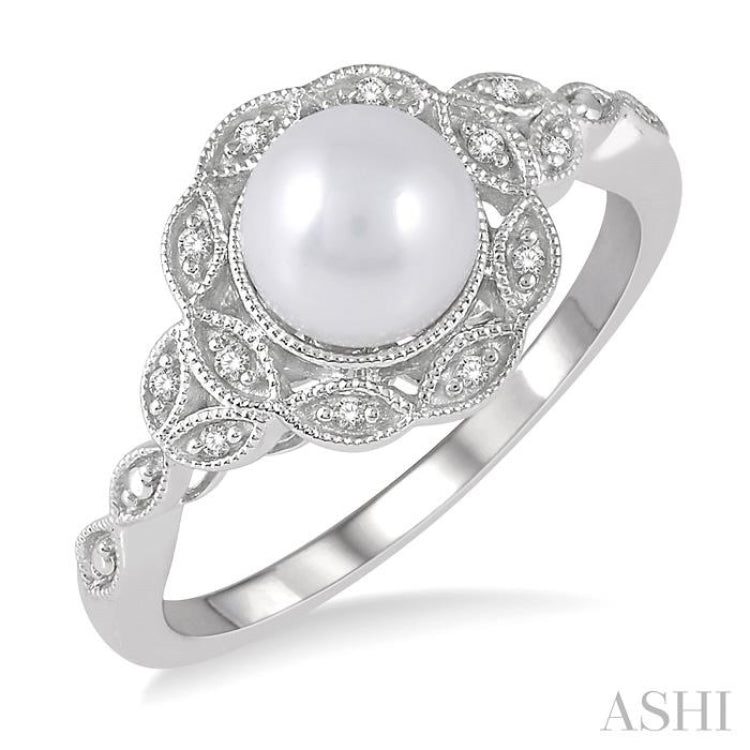 6.5x6.5 MM Cultured Pearl and 1/20 Ctw Round Cut Diamond Ring in Sterling Silver