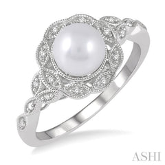 6.5x6.5 MM Cultured Pearl and 1/20 Ctw Round Cut Diamond Ring in Sterling Silver