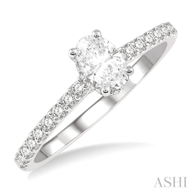 5/8 Ctw Oval Shape Center Stone Ladies Engagement Ring with 3/8 Ct Oval Cut Center Stone in 14K White Gold