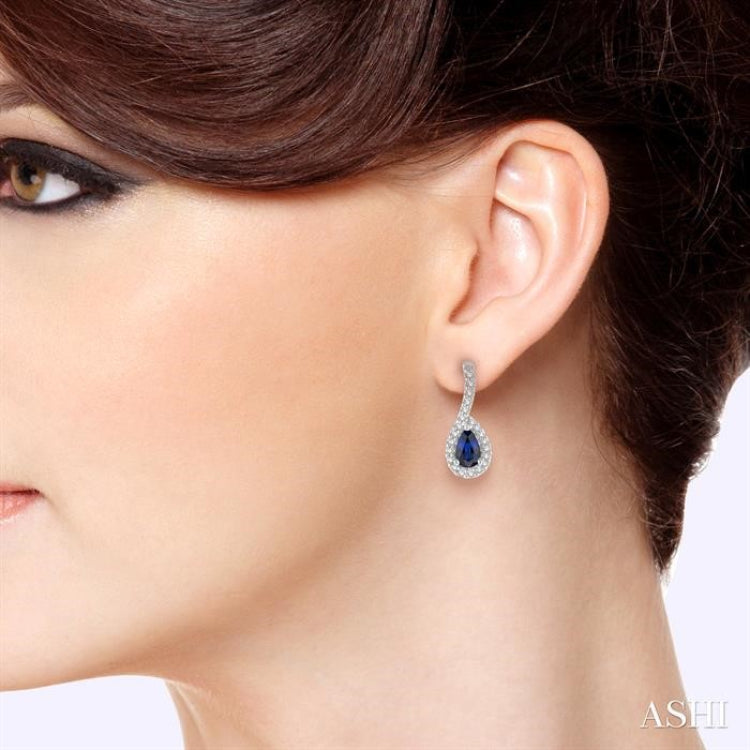 5x3 MM Hanging Arm Pear Cut Sapphire and 1/6 Ctw Round Cut Diamond Precious Earring in 10K White Gold