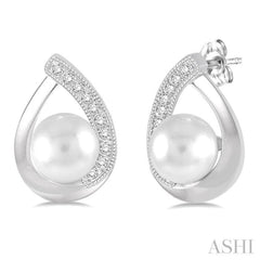 6x6 MM Cultured Pearls and 1/10 Ctw Round Cut Diamond Earrings in Sterling Silver