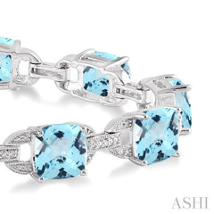 7x7 MM Cushion Shape Blue Topaz and 1/20 Ctw Round Cut Diamond Fashion Bracelet in Sterling Silver