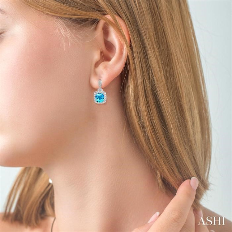 8x8 MM Cushion Shape Blue Topaz and 1/50 Ctw Round Cut Diamond Semi-Precious Earring in Sterling Silver