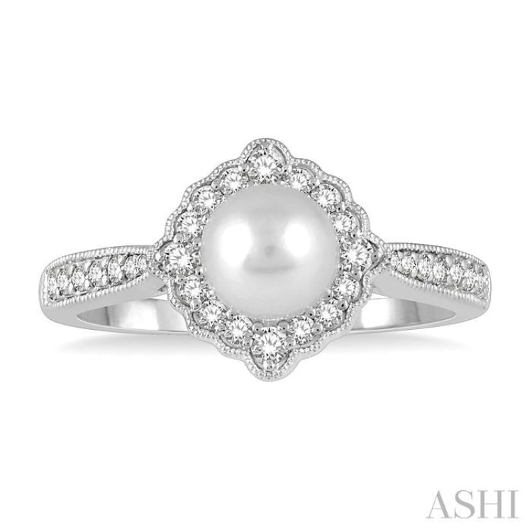 7 MM Cultured Pearl and 1/4 Ctw Round Cut Diamond Halo Ring in 10K White Gold