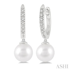 6 MM Round Shape Cultured Pearls and 1/8 Ctw Round Cut Diamond Drop Petite Huggie Earrings 10K White Gold