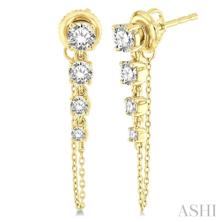 1 Ctw Journey Round Cut Diamond Fashion Long Chain Earring in 14K Yellow Gold