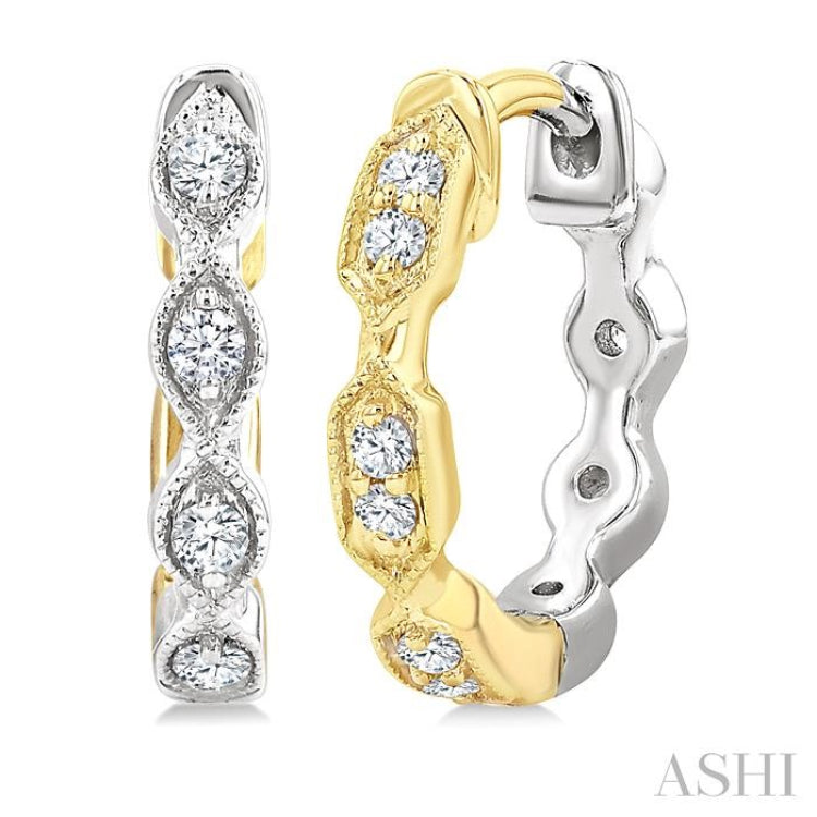 1/5 Ctw Petite Reverted Two-Tone Marquise and Hexagon Shape Round Cut Diamond Fashion Huggies in 10K White and Yellow Gold