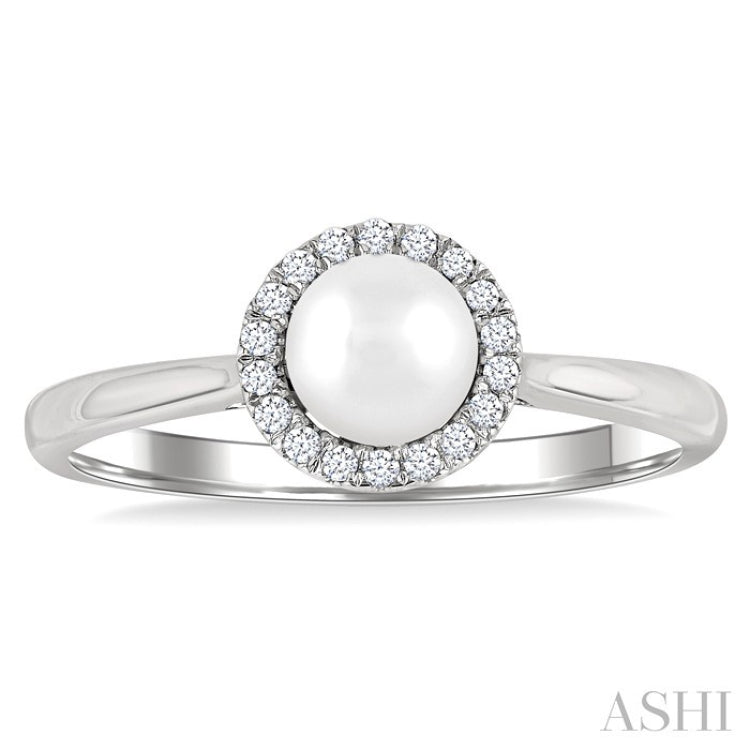 5 MM White Cultured Pearl and 1/20 Ctw Round Cut Diamond Halo Ring in 14K White Gold