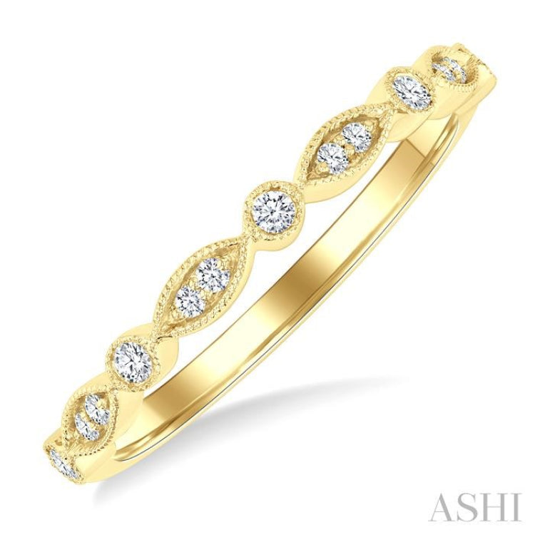 1/10 Ctw Marquise and Circular Motif Carved Round Cut Diamond Stackable Wedding Band in 14K Yellow Gold