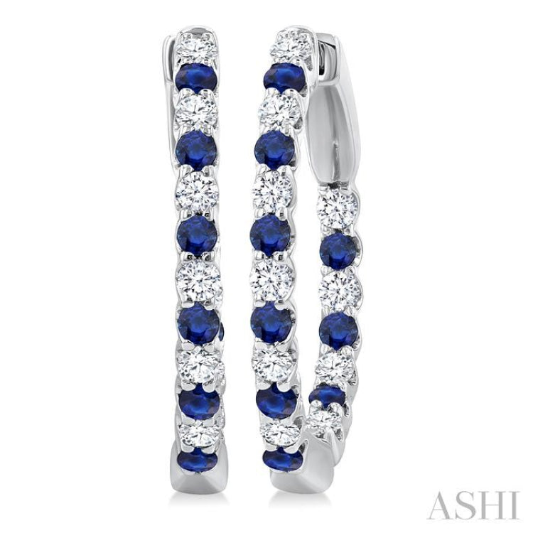 1.8 MM Sapphire and 1/2 Ctw Round Cut Inside-Out Diamond Precious Hoop Earrings in 14K White Gold