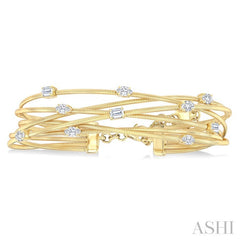 1 1/2 Ctw Criss Cross Mixed Diamond Cut Fashion Spring Bangle in 14K Yellow Gold